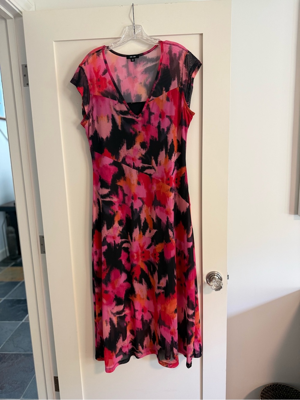Saint + Sofia Mesh Pink & Black Floral Midi Dress